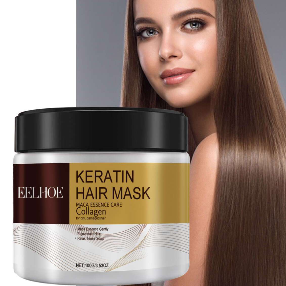 Masque capillaire à la kératine et au collagène, enrichi en huile d'argan du Maroc et en essence de maca - Hydrate les cheveux abîmés - Convient à tous types de cheveux - Unisexe - 100 ml - Masque capillaire - Soin capillaire - Emballage élégant - Ingrédi