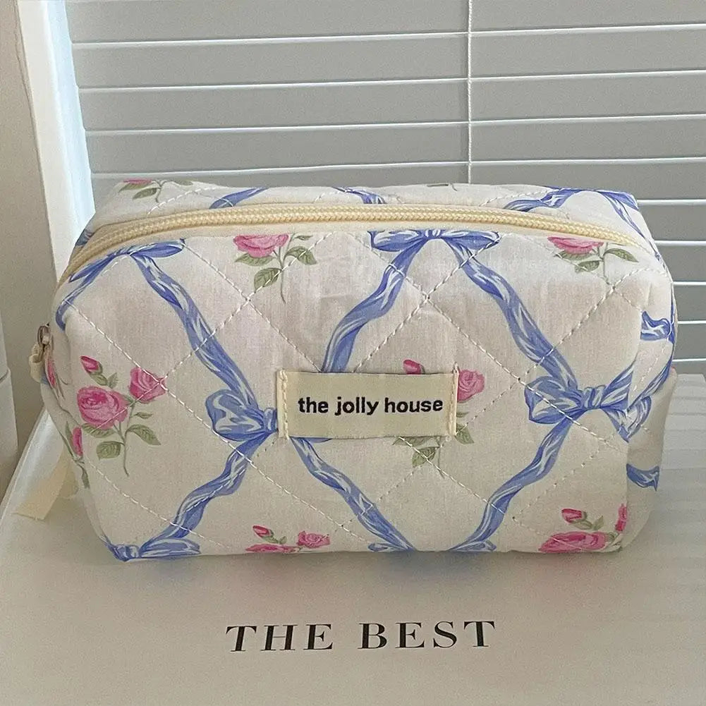 Trousse de maquillage matelassée à motif floral et nœud pour femme, organiseur de cosmétiques à fermeture éclair, sac à main en tissu, trousse de toilette portable pour filles