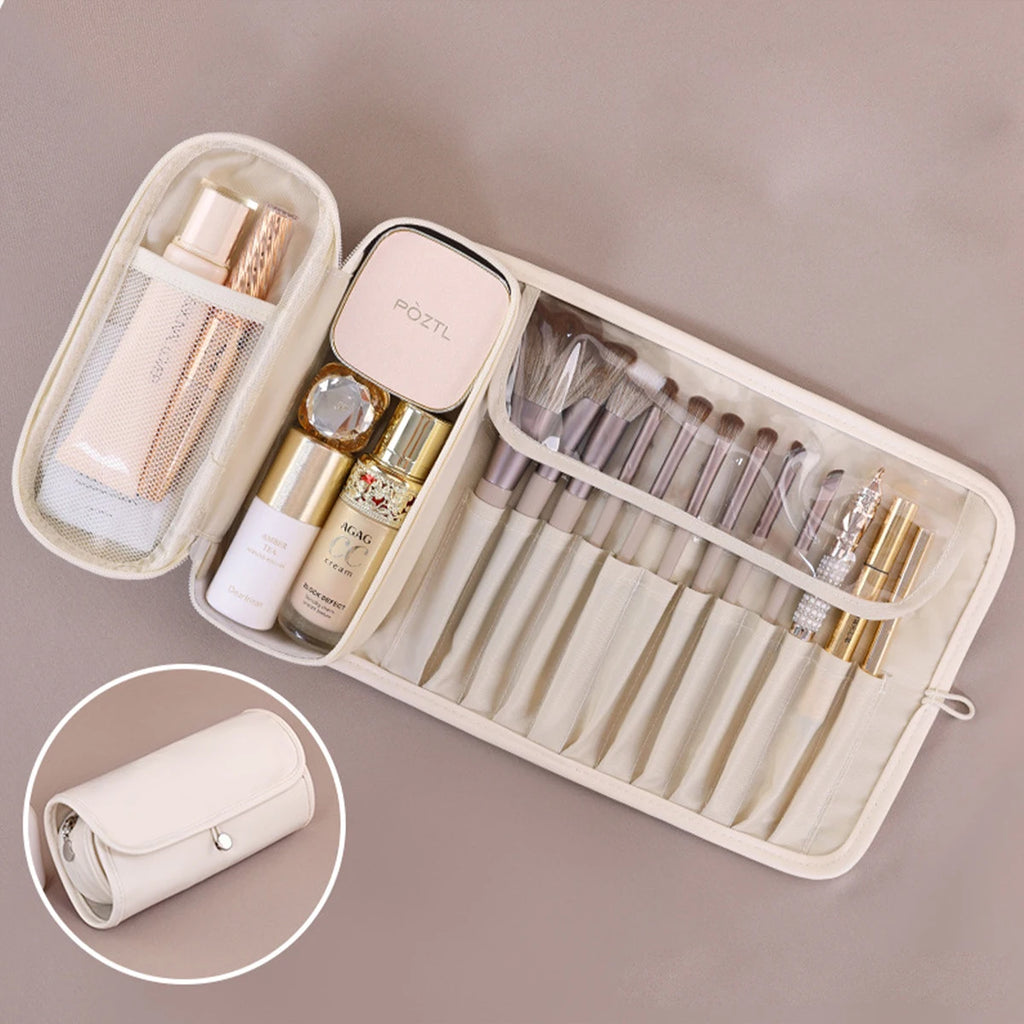 Trousse de maquillage portable en PU, multifonctionnelle et pliable, organiseur de voyage pour cosmétiques, pinceaux, crayons à sourcils, rangement, idée cadeau pour les vacances
