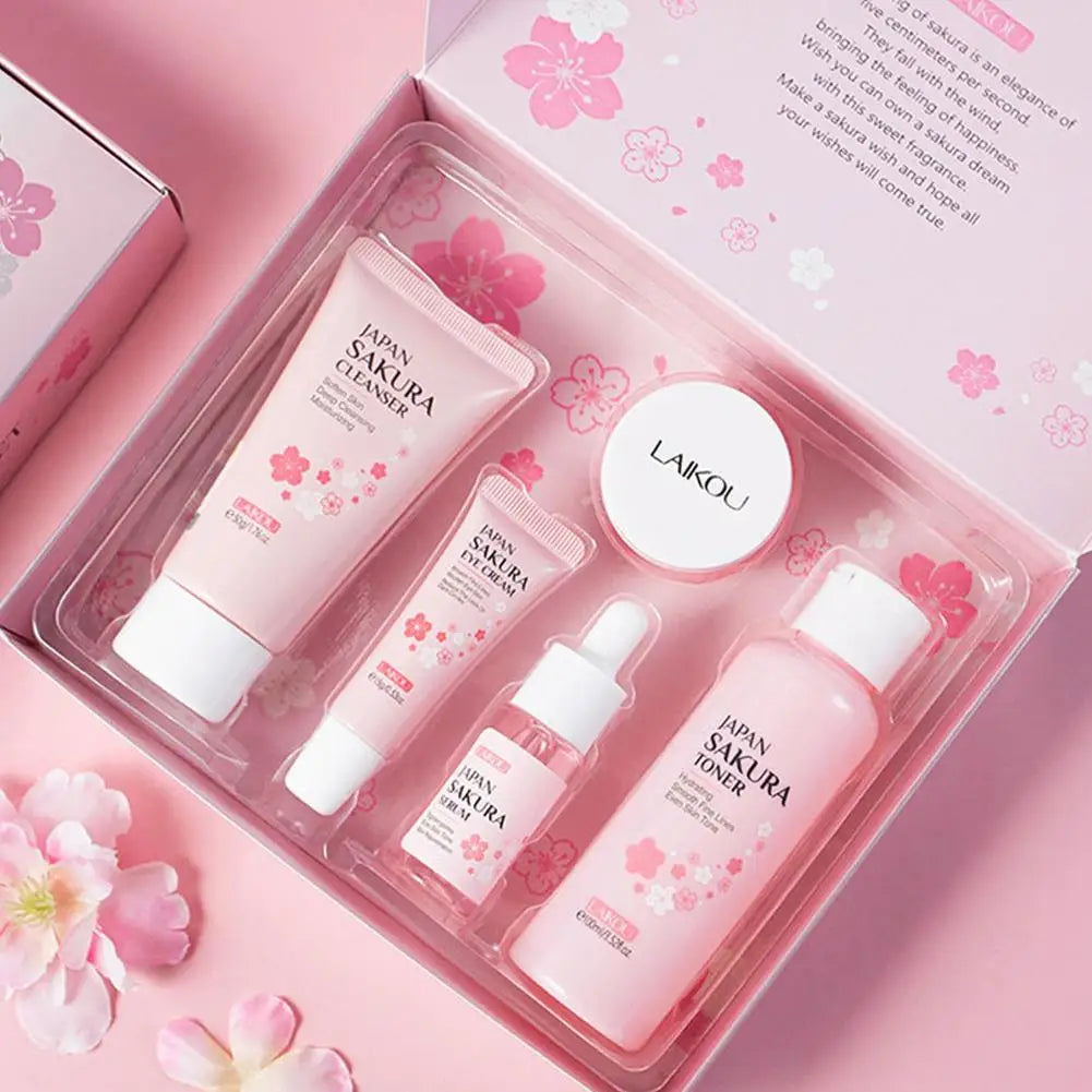 Coffrets de soins de la peau Sakura avec nettoyant, sérum, crème pour les yeux, crème pour le visage, produits de beauté solaires pour femmes, kit de soins de la peau de voyage
