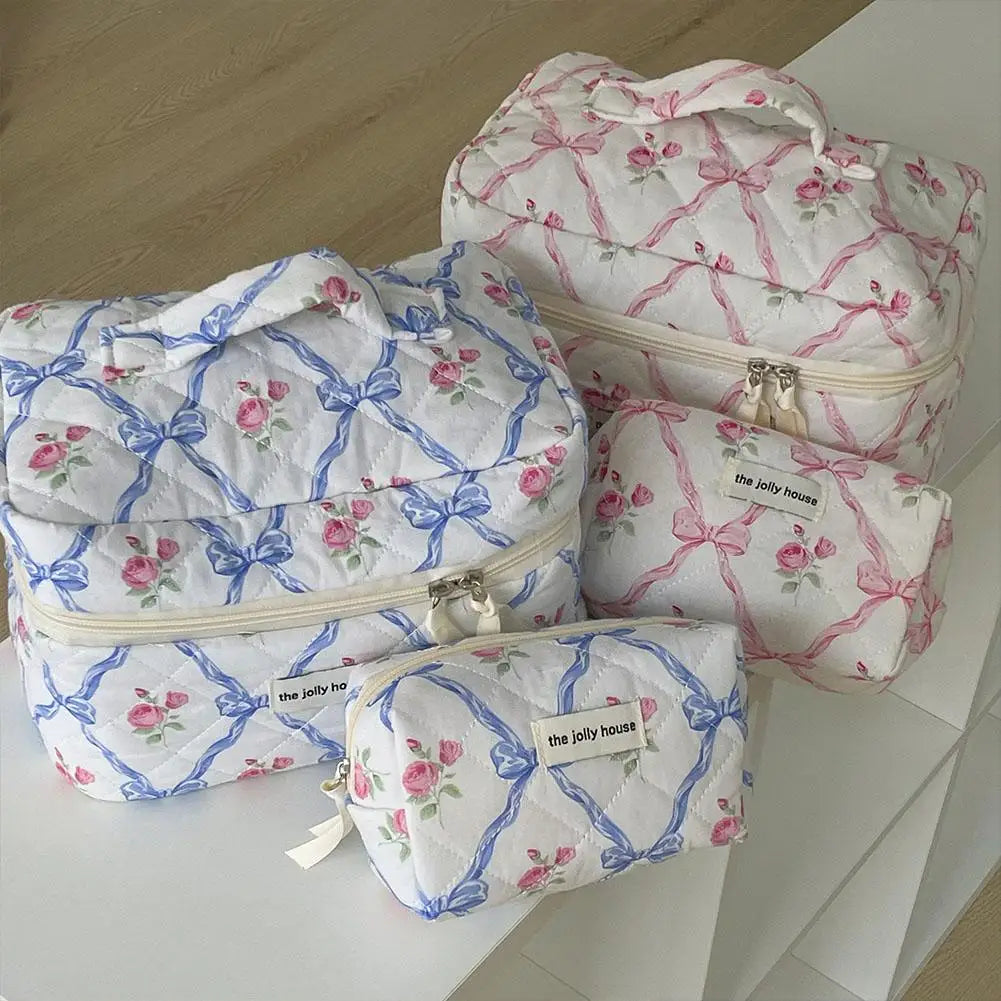 Trousse de maquillage matelassée à motif floral et nœud pour femme, organiseur de cosmétiques à fermeture éclair, sac à main en tissu, trousse de toilette portable pour filles