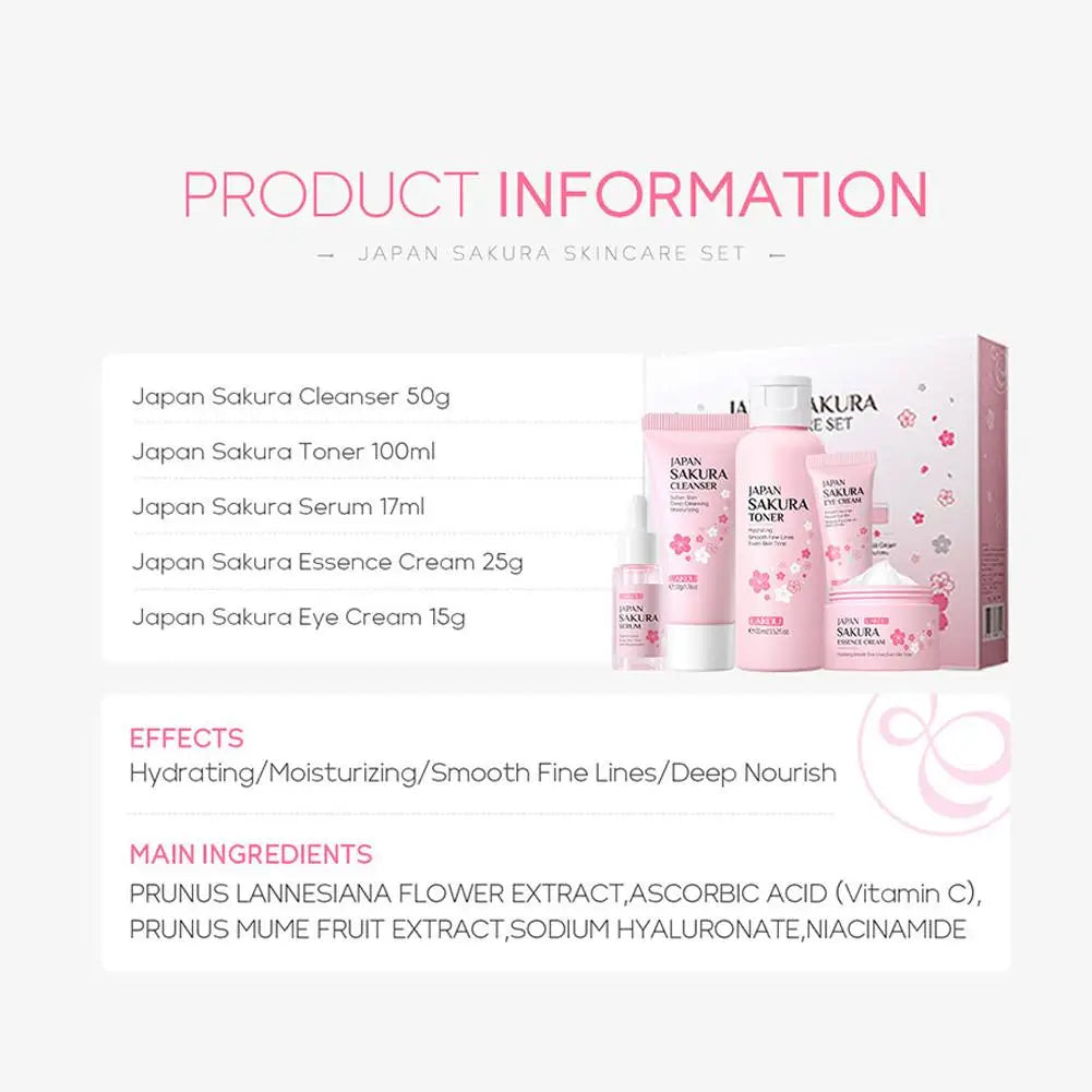 Coffrets de soins de la peau Sakura avec nettoyant, sérum, crème pour les yeux, crème pour le visage, produits de beauté solaires pour femmes, kit de soins de la peau de voyage