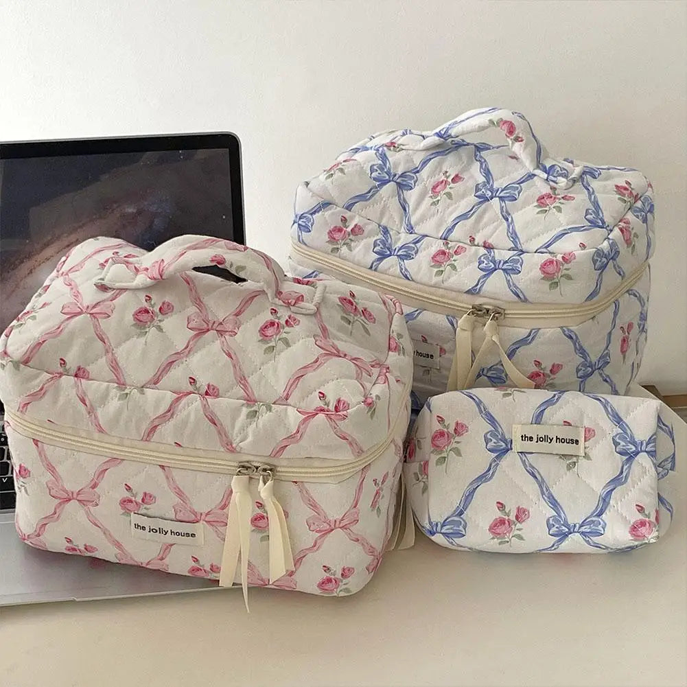 Trousse de maquillage matelassée à motif floral et nœud pour femme, organiseur de cosmétiques à fermeture éclair, sac à main en tissu, trousse de toilette portable pour filles