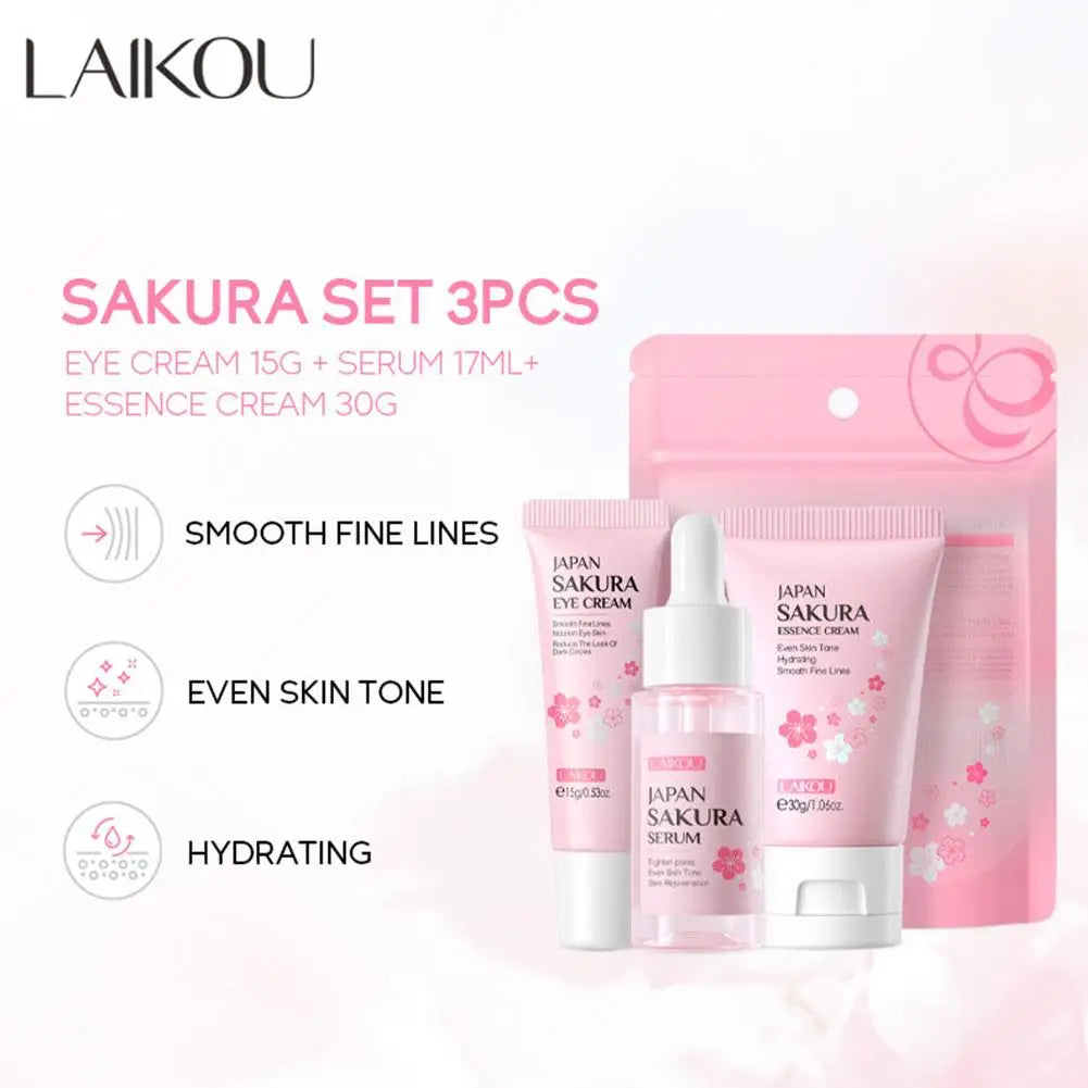 Kit de soins de la peau Sakura pour femmes, 3 pièces, crème pour le visage, essence pour le visage, sérum pour les yeux, coffret cadeau