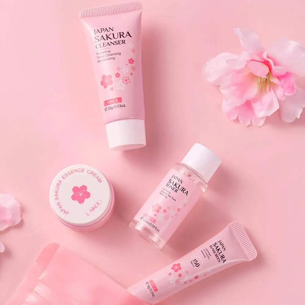 Coffrets de soins de la peau Sakura avec nettoyant, sérum, crème pour les yeux, crème pour le visage, produits de beauté solaires pour femmes, kit de soins de la peau de voyage