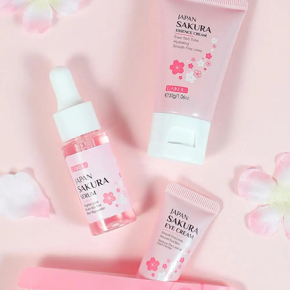 Kit de soins de la peau Sakura pour femmes, 3 pièces, crème pour le visage, essence pour le visage, sérum pour les yeux, coffret cadeau