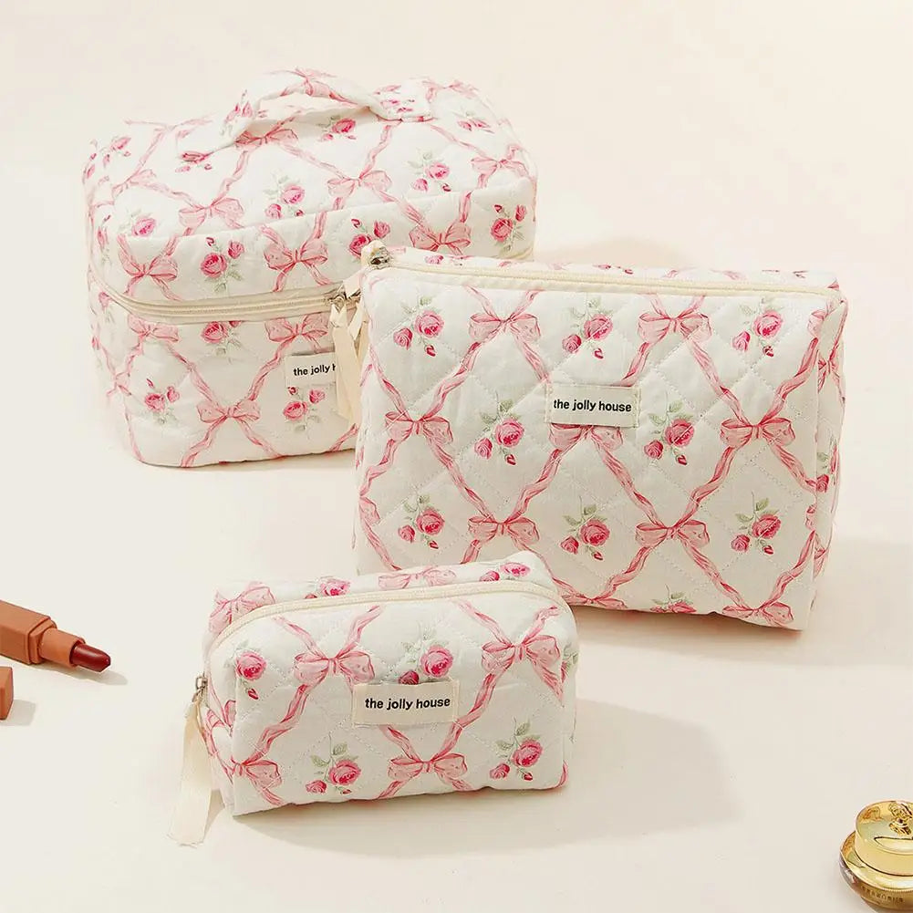 Trousse de maquillage matelassée à motif floral et nœud pour femme, organiseur de cosmétiques à fermeture éclair, sac à main en tissu, trousse de toilette portable pour filles