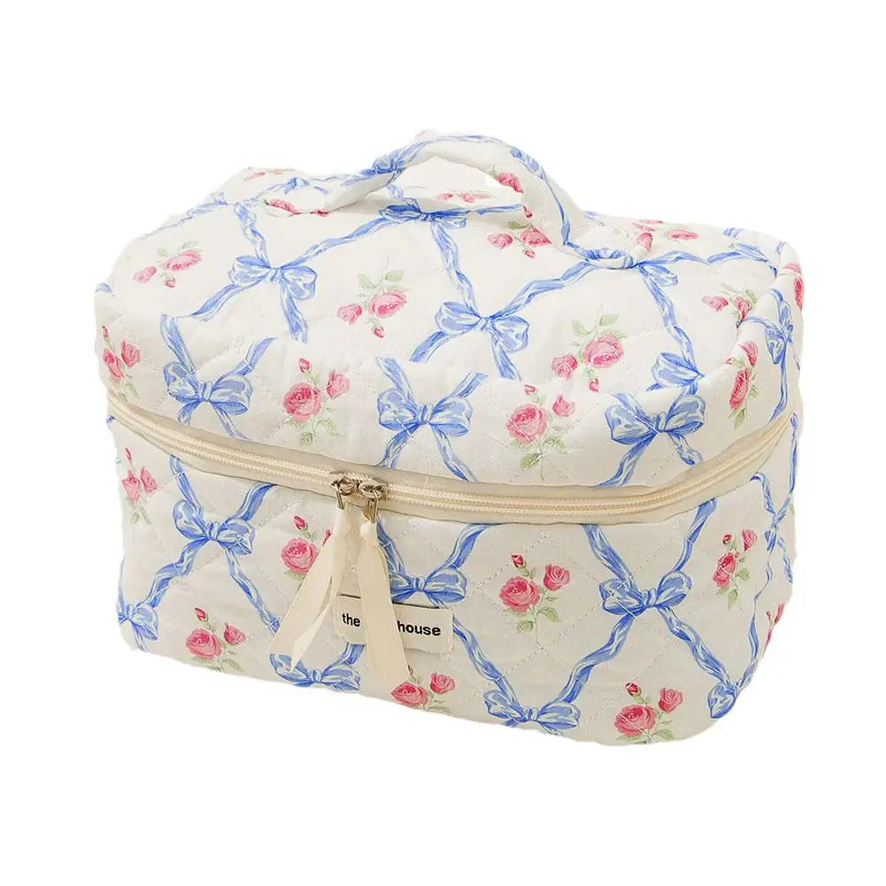 Trousse de maquillage matelassée à motif floral et nœud pour femme, organiseur de cosmétiques à fermeture éclair, sac à main en tissu, trousse de toilette portable pour filles