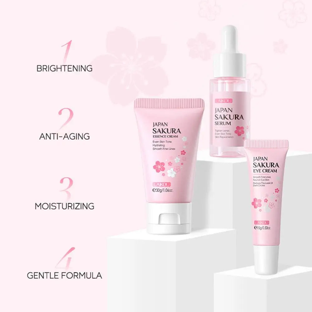 Kit de soins de la peau Sakura pour femmes, 3 pièces, crème pour le visage, essence pour le visage, sérum pour les yeux, coffret cadeau