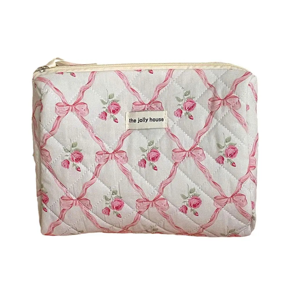 Trousse de maquillage matelassée à motif floral et nœud pour femme, organiseur de cosmétiques à fermeture éclair, sac à main en tissu, trousse de toilette portable pour filles