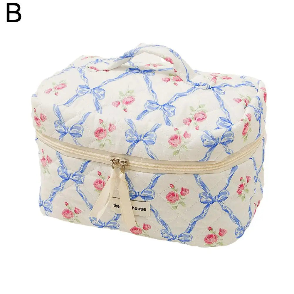 Trousse de maquillage matelassée à motif floral et nœud pour femme, organiseur de cosmétiques à fermeture éclair, sac à main en tissu, trousse de toilette portable pour filles