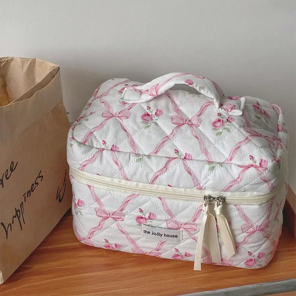 Trousse de maquillage matelassée à motif floral et nœud pour femme, organiseur de cosmétiques à fermeture éclair, sac à main en tissu, trousse de toilette portable pour filles