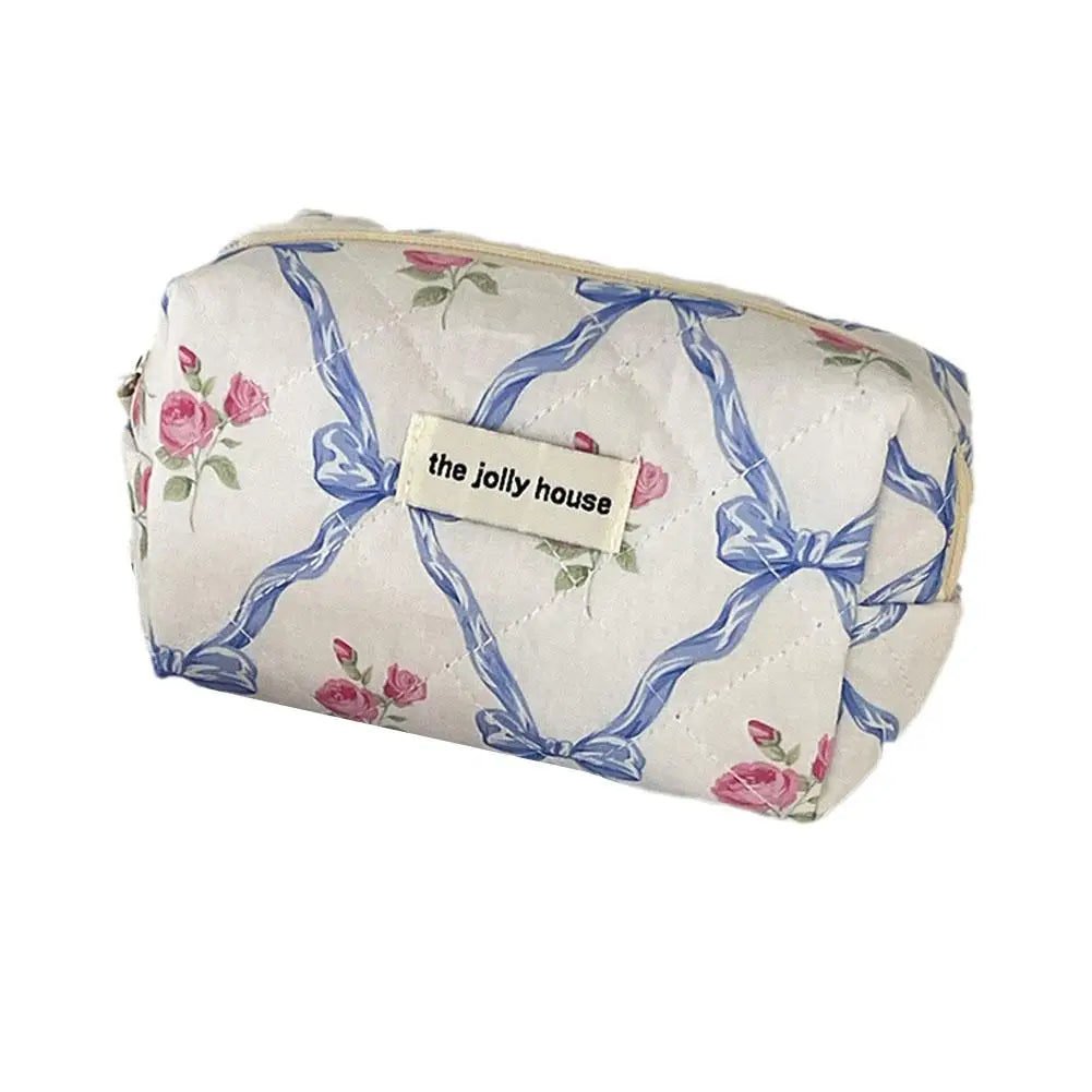 Trousse de maquillage matelassée à motif floral et nœud pour femme, organiseur de cosmétiques à fermeture éclair, sac à main en tissu, trousse de toilette portable pour filles