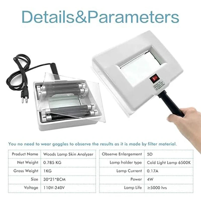 Lampe frontale portable en bois pour analyseur de peau à usage personnel à domicile : analyse des rides, de l’acné et de la pigmentation, et évaluation de l’hydratation cutanée.