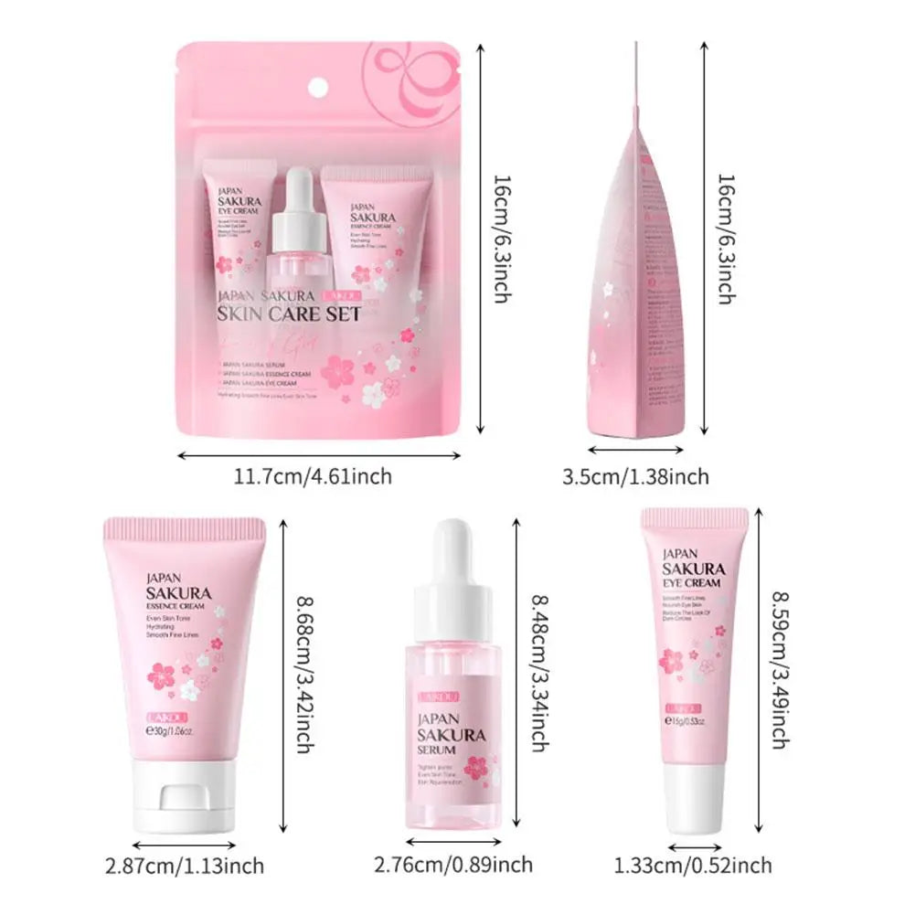 Kit de soins de la peau Sakura pour femmes, 3 pièces, crème pour le visage, essence pour le visage, sérum pour les yeux, coffret cadeau