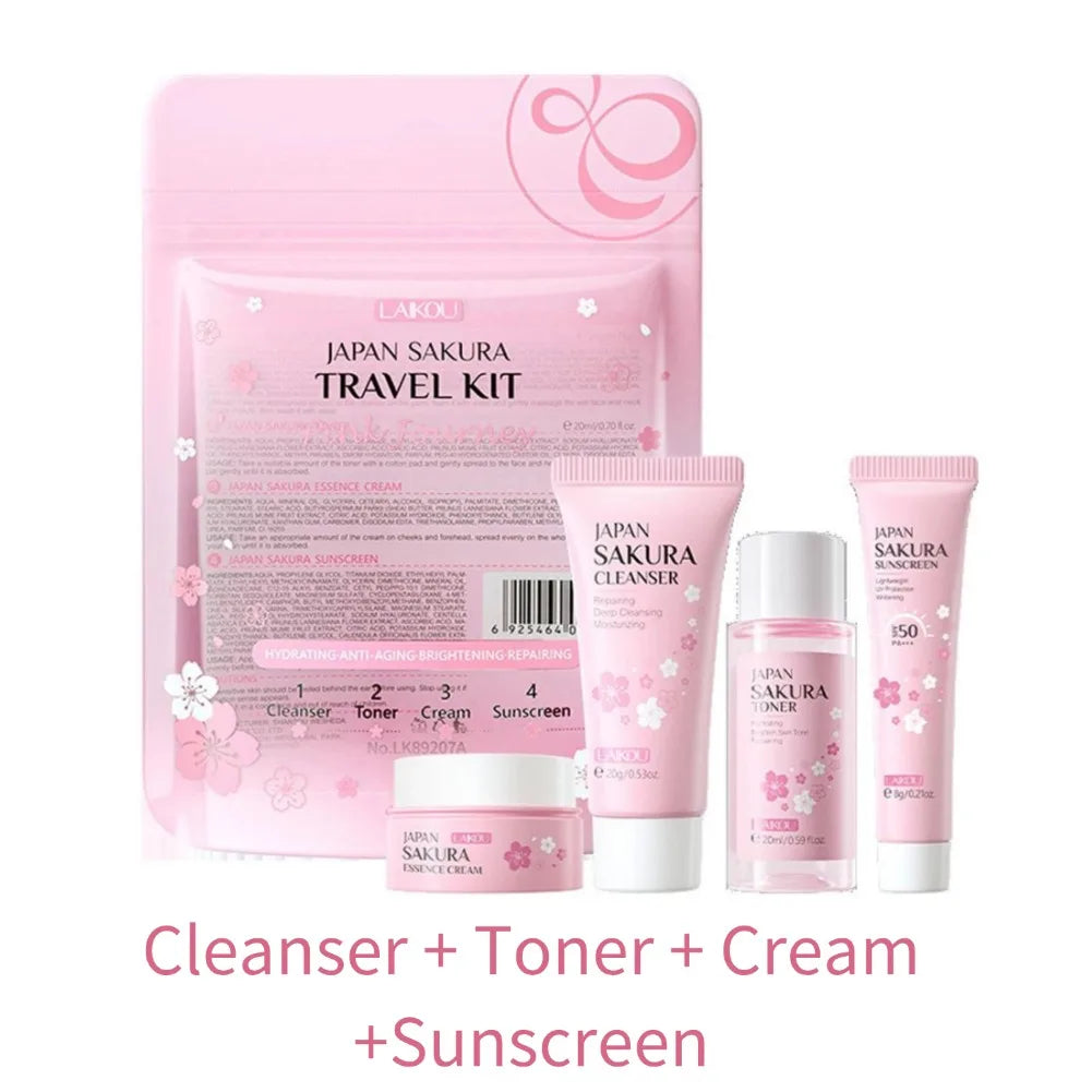 Coffrets de soins de la peau Sakura avec nettoyant, sérum, crème pour les yeux, crème pour le visage, produits de beauté solaires pour femmes, kit de soins de la peau de voyage