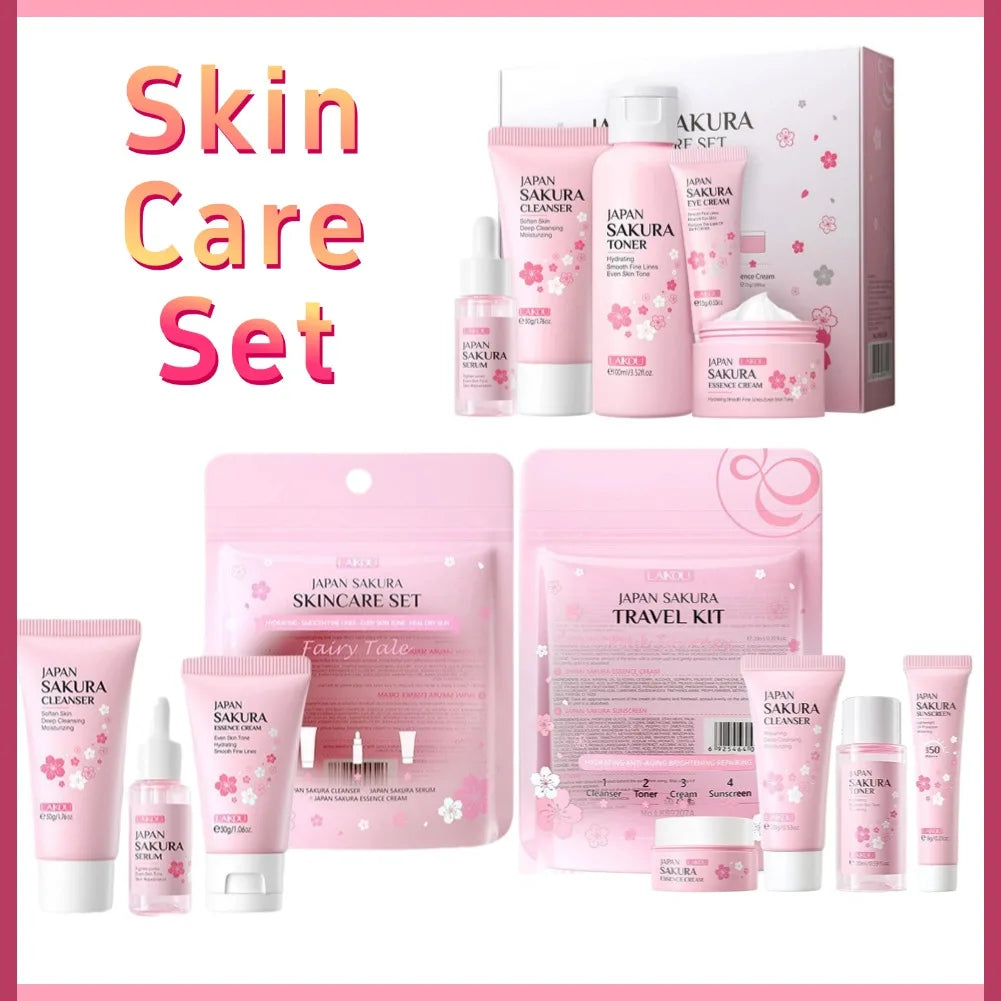 Coffrets de soins de la peau Sakura avec nettoyant, sérum, crème pour les yeux, crème pour le visage, produits de beauté solaires pour femmes, kit de soins de la peau de voyage