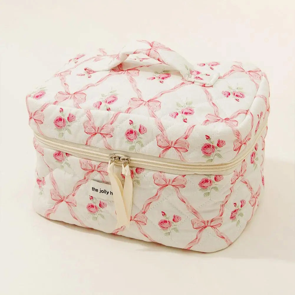 Trousse de maquillage matelassée à motif floral et nœud pour femme, organiseur de cosmétiques à fermeture éclair, sac à main en tissu, trousse de toilette portable pour filles