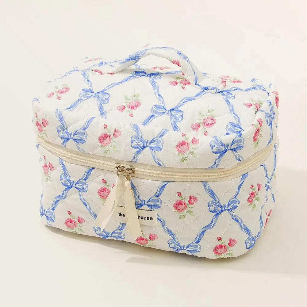 Trousse de maquillage matelassée à motif floral et nœud pour femme, organiseur de cosmétiques à fermeture éclair, sac à main en tissu, trousse de toilette portable pour filles