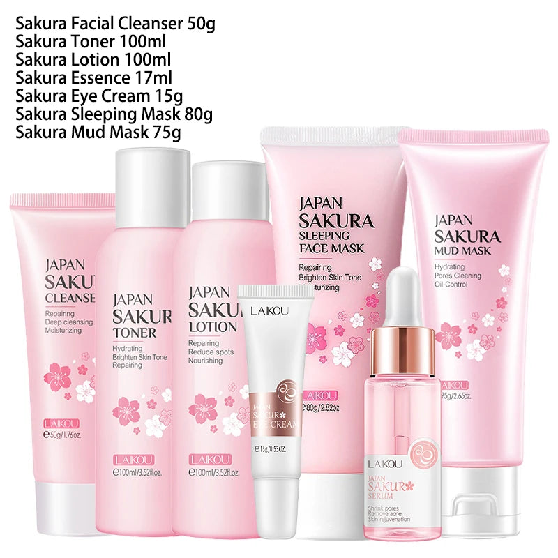 Kit de 9 produits pour le visage Sakura, ensemble de soins pour la peau, nettoyant pour le visage, crème pour le visage, crème solaire, masque pour le visage, crème pour les yeux, produit de soin coréen