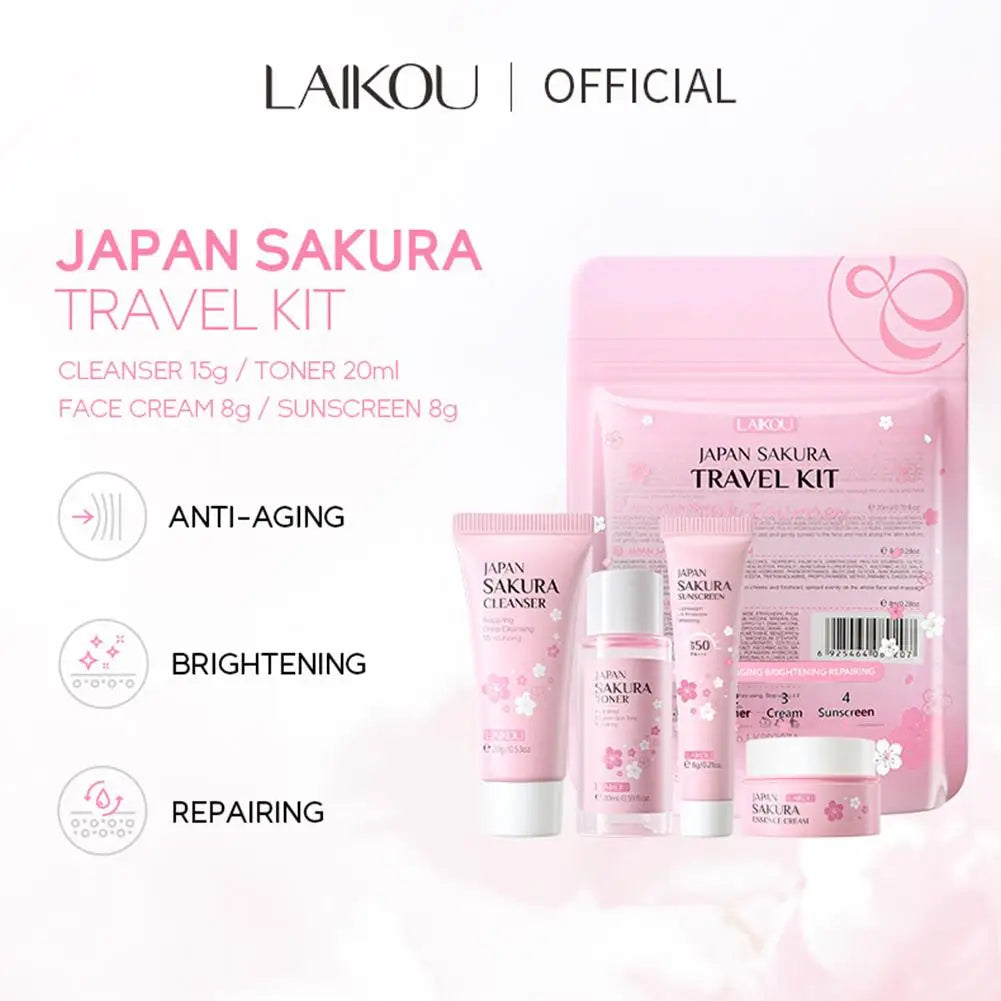 Coffrets de soins de la peau Sakura avec nettoyant, sérum, crème pour les yeux, crème pour le visage, produits de beauté solaires pour femmes, kit de soins de la peau de voyage