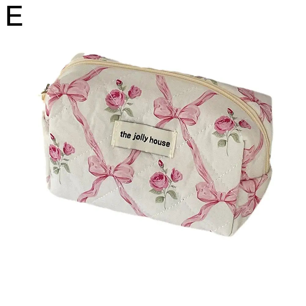 Trousse de maquillage matelassée à motif floral et nœud pour femme, organiseur de cosmétiques à fermeture éclair, sac à main en tissu, trousse de toilette portable pour filles