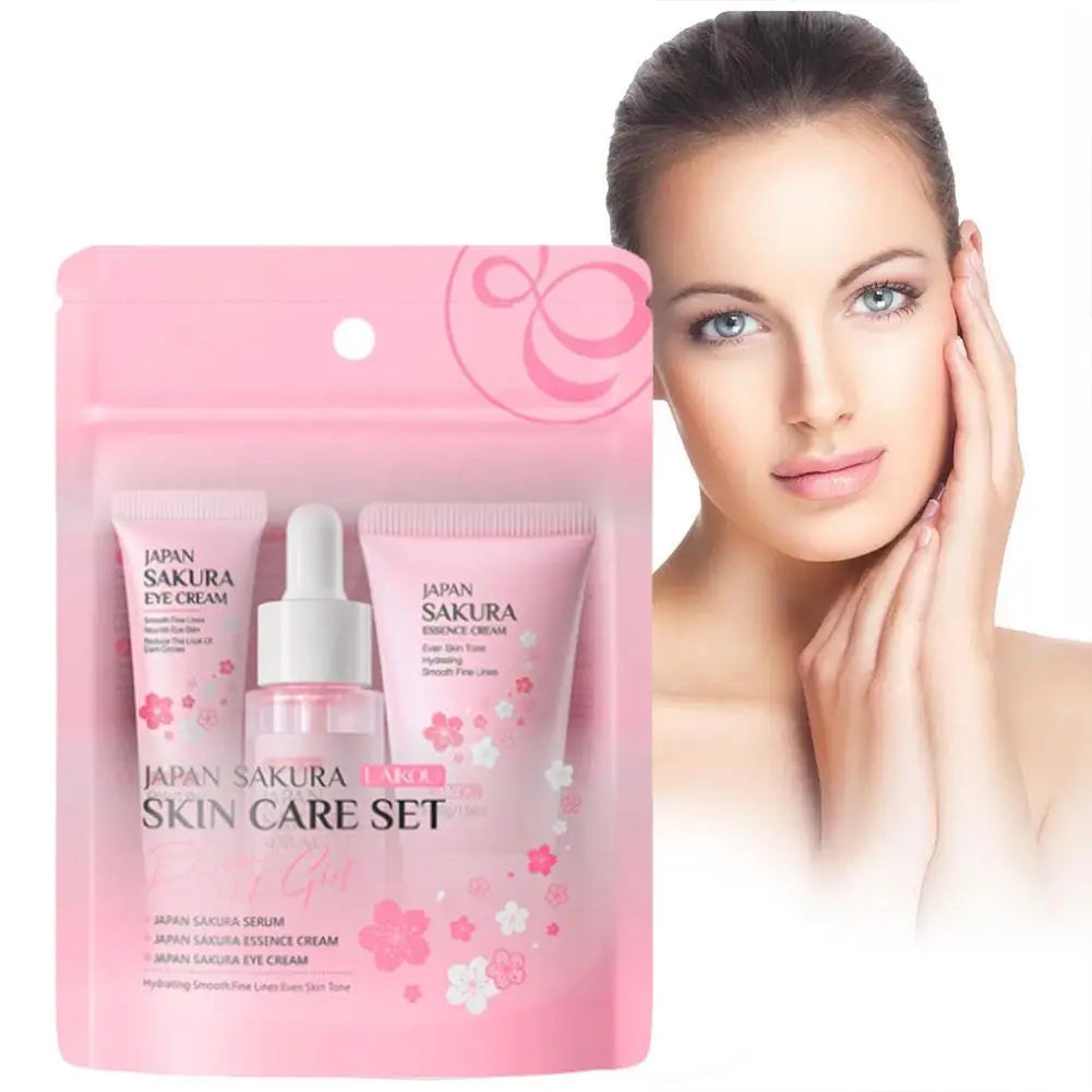 Kit de soins de la peau Sakura pour femmes, 3 pièces, crème pour le visage, essence pour le visage, sérum pour les yeux, coffret cadeau