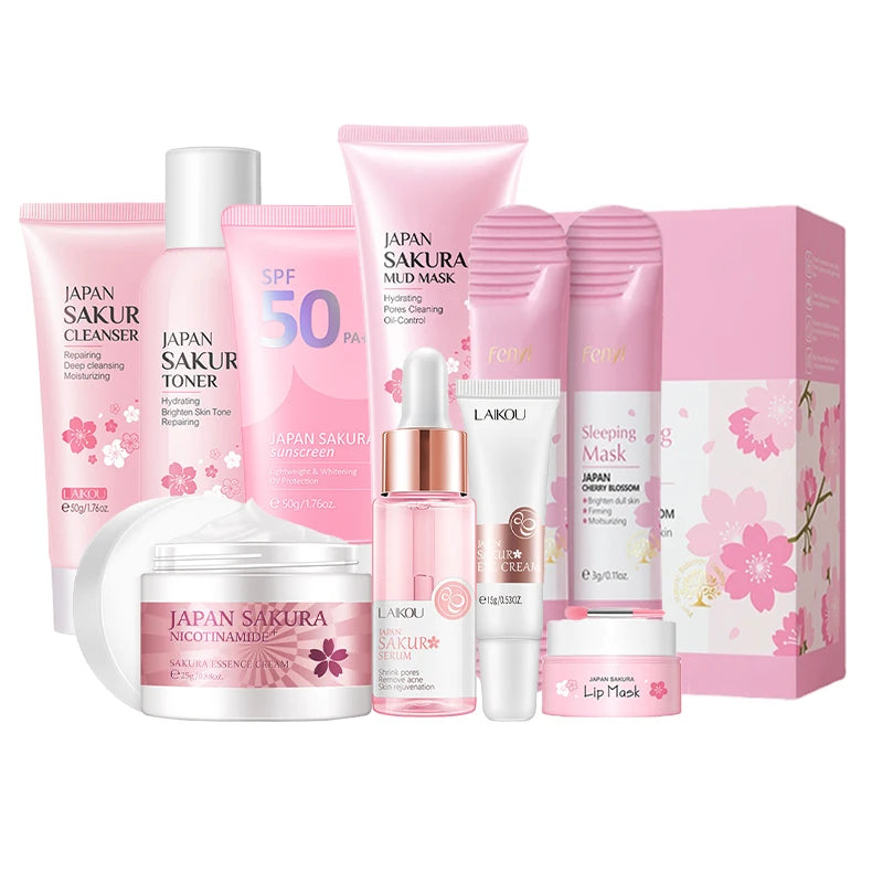 Kit de 9 produits pour le visage Sakura, ensemble de soins pour la peau, nettoyant pour le visage, crème pour le visage, crème solaire, masque pour le visage, crème pour les yeux, produit de soin coréen