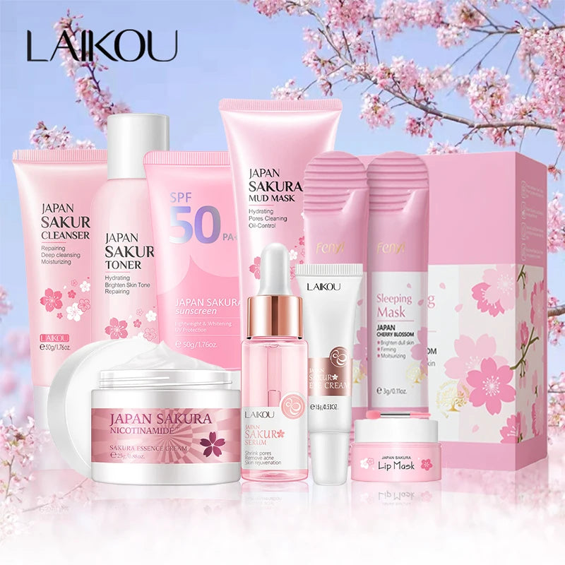 Kit de 9 produits pour le visage Sakura, ensemble de soins pour la peau, nettoyant pour le visage, crème pour le visage, crème solaire, masque pour le visage, crème pour les yeux, produit de soin coréen