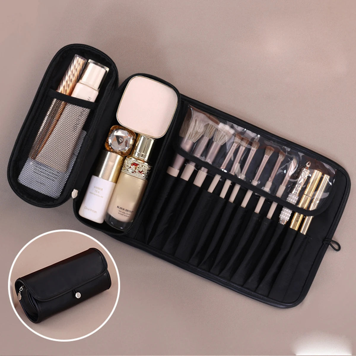 Trousse de maquillage portable en PU, multifonctionnelle et pliable, organiseur de voyage pour cosmétiques, pinceaux, crayons à sourcils, rangement, idée cadeau pour les vacances