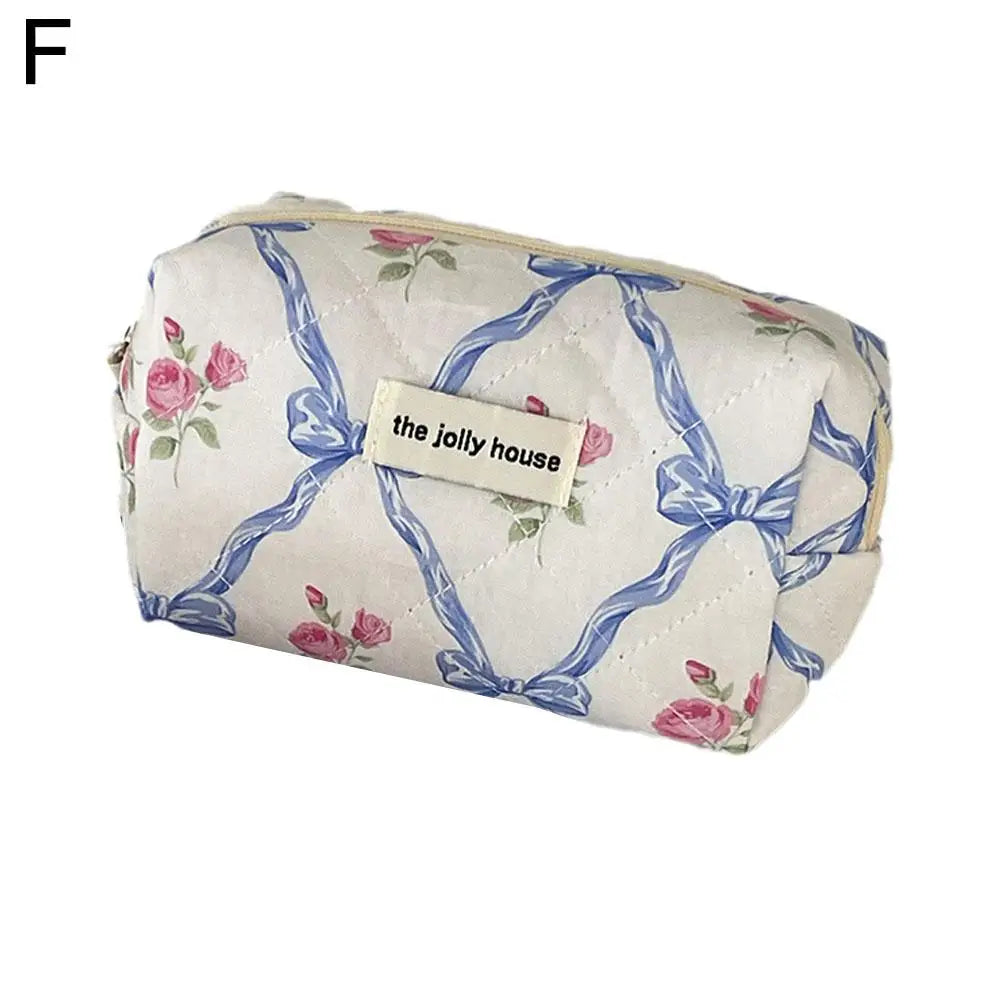 Trousse de maquillage matelassée à motif floral et nœud pour femme, organiseur de cosmétiques à fermeture éclair, sac à main en tissu, trousse de toilette portable pour filles