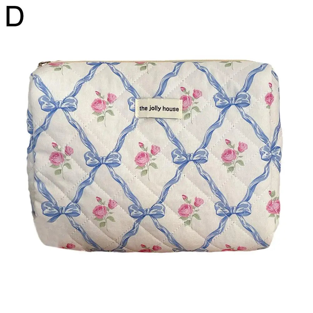 Trousse de maquillage matelassée à motif floral et nœud pour femme, organiseur de cosmétiques à fermeture éclair, sac à main en tissu, trousse de toilette portable pour filles