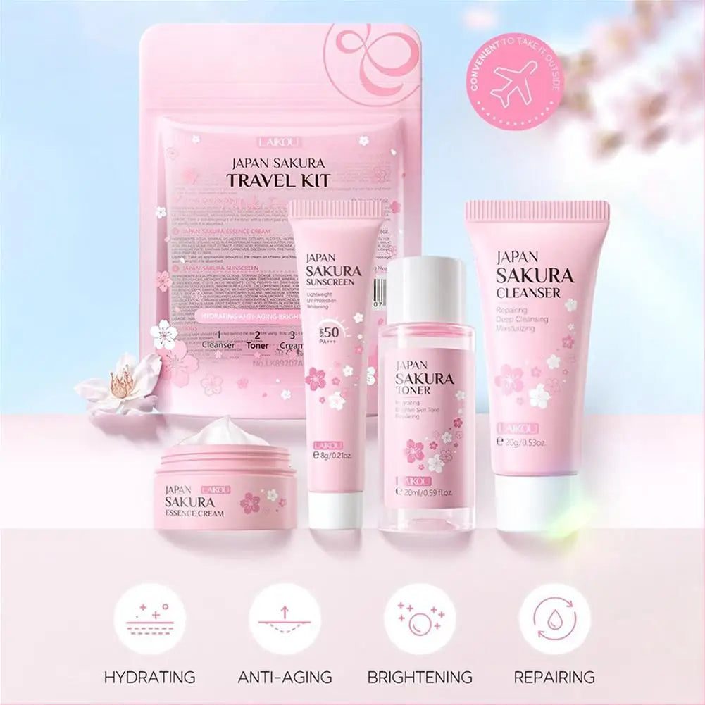 Coffrets de soins de la peau Sakura avec nettoyant, sérum, crème pour les yeux, crème pour le visage, produits de beauté solaires pour femmes, kit de soins de la peau de voyage