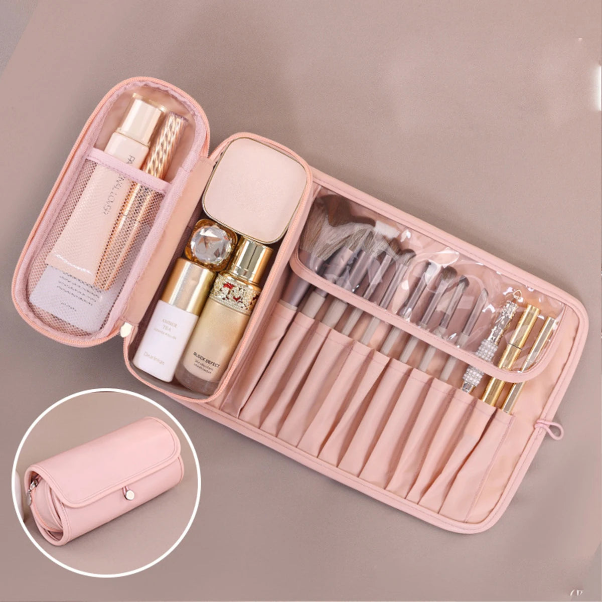 Trousse de maquillage portable en PU, multifonctionnelle et pliable, organiseur de voyage pour cosmétiques, pinceaux, crayons à sourcils, rangement, idée cadeau pour les vacances