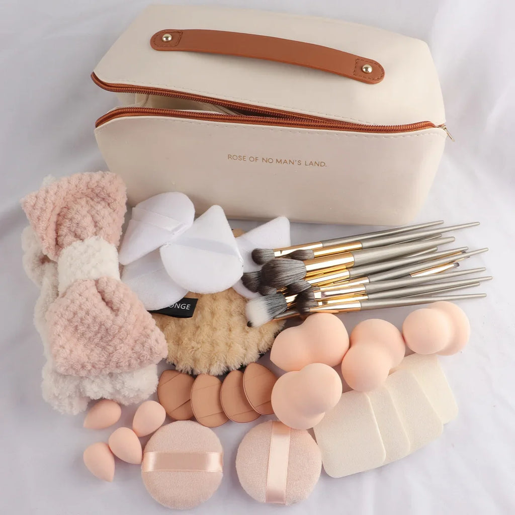 Ensemble de 36 outils de beauté avec sac carré, 15 pinceaux de maquillage, houppette, ceinture pour cheveux