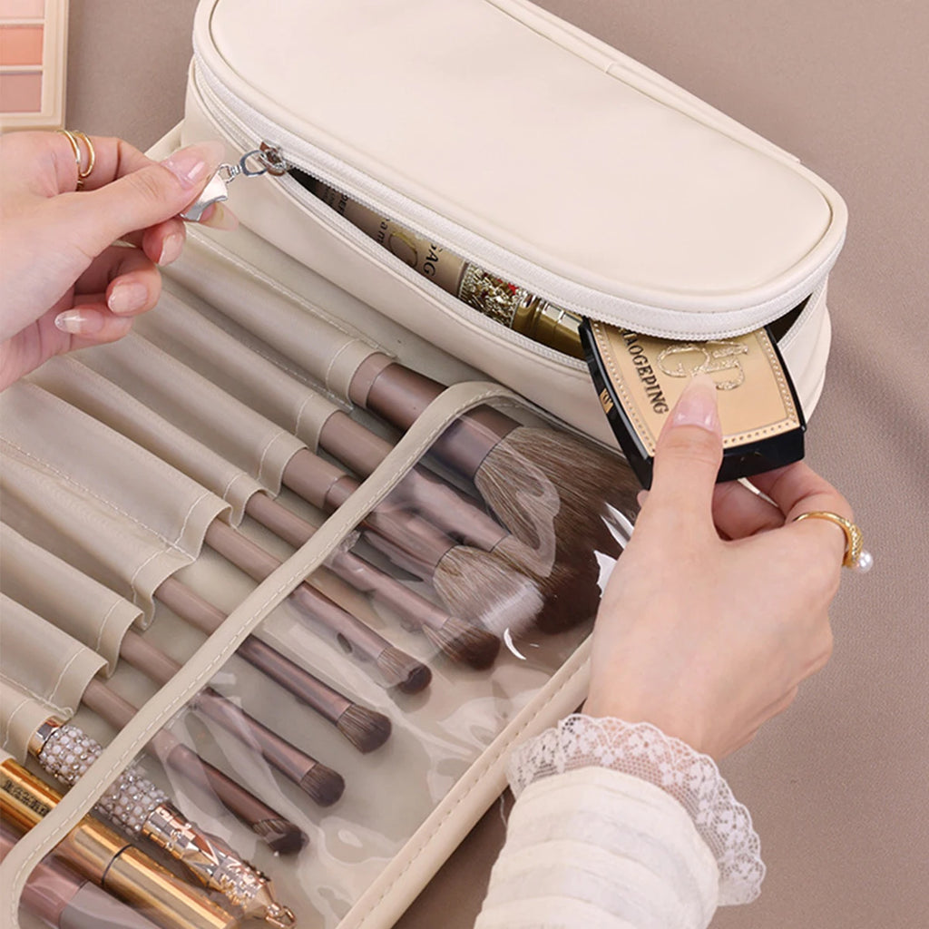 Trousse de maquillage portable en PU, multifonctionnelle et pliable, organiseur de voyage pour cosmétiques, pinceaux, crayons à sourcils, rangement, idée cadeau pour les vacances