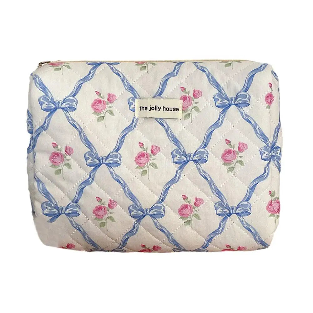 Trousse de maquillage matelassée à motif floral et nœud pour femme, organiseur de cosmétiques à fermeture éclair, sac à main en tissu, trousse de toilette portable pour filles