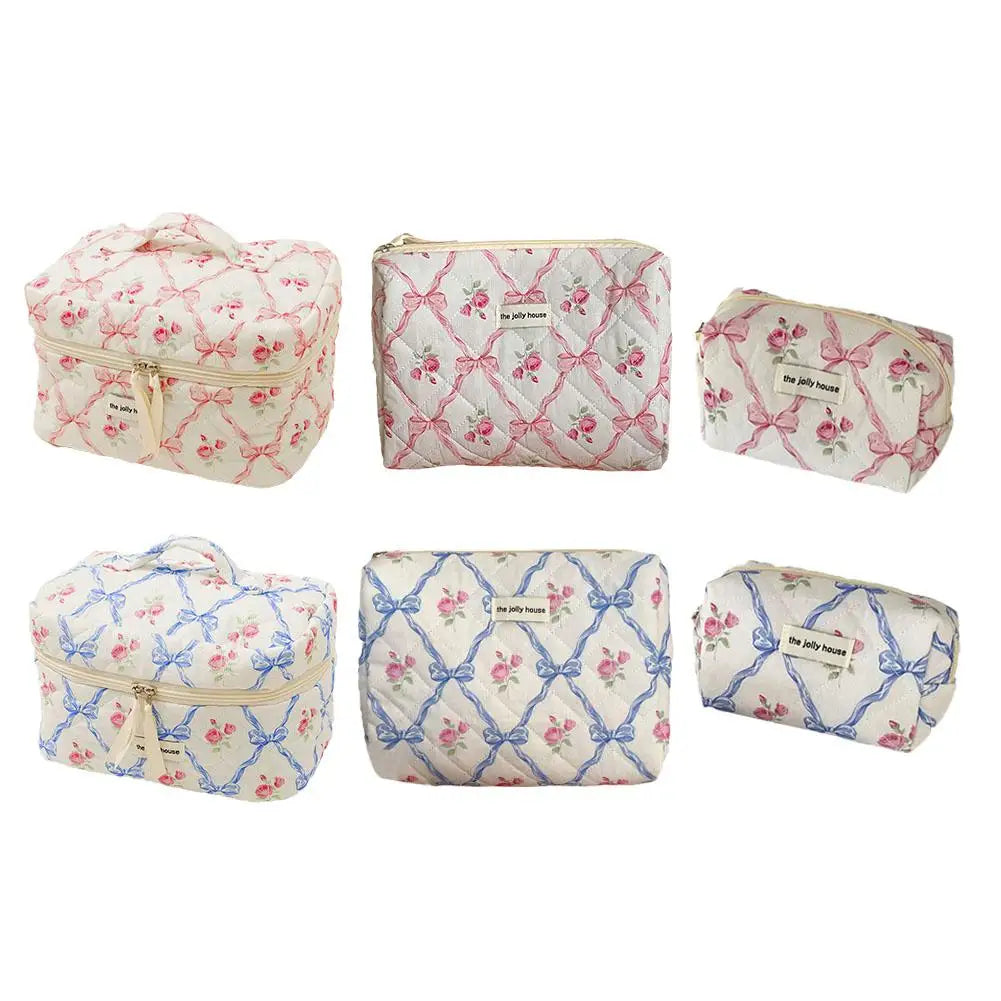 Trousse de maquillage matelassée à motif floral et nœud pour femme, organiseur de cosmétiques à fermeture éclair, sac à main en tissu, trousse de toilette portable pour filles