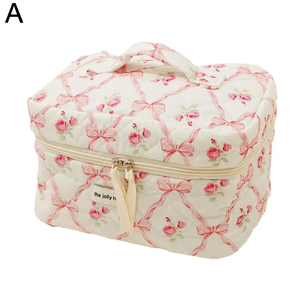 Trousse de maquillage matelassée à motif floral et nœud pour femme, organiseur de cosmétiques à fermeture éclair, sac à main en tissu, trousse de toilette portable pour filles