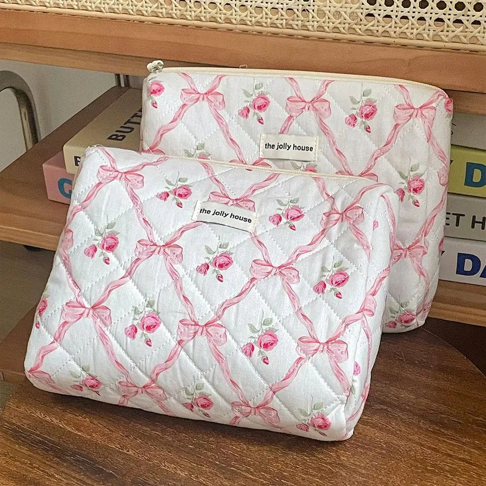 Trousse de maquillage matelassée à motif floral et nœud pour femme, organiseur de cosmétiques à fermeture éclair, sac à main en tissu, trousse de toilette portable pour filles