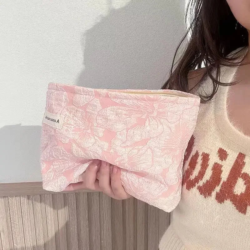 Trousse de maquillage florale pour femme, trousse de maquillage avec broderie coréenne, trousse de toilette de voyage en velours côtelé