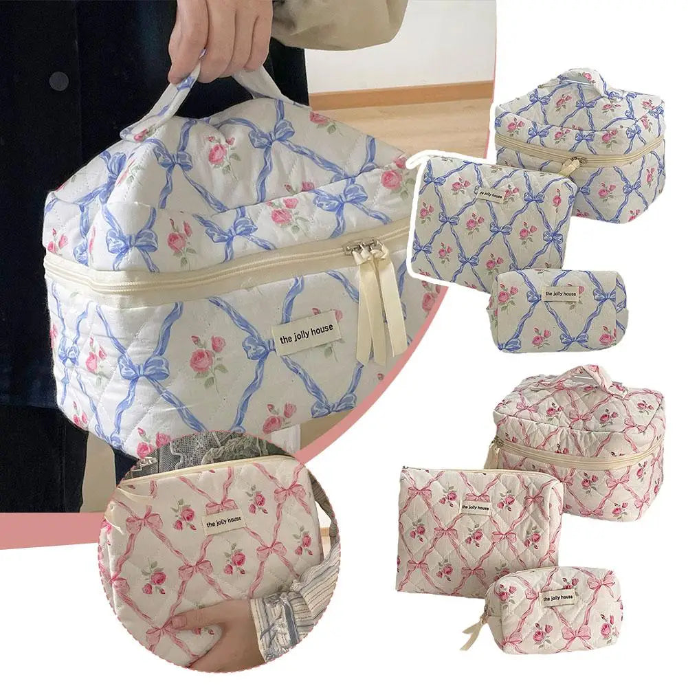 Trousse de maquillage matelassée à motif floral et nœud pour femme, organiseur de cosmétiques à fermeture éclair, sac à main en tissu, trousse de toilette portable pour filles