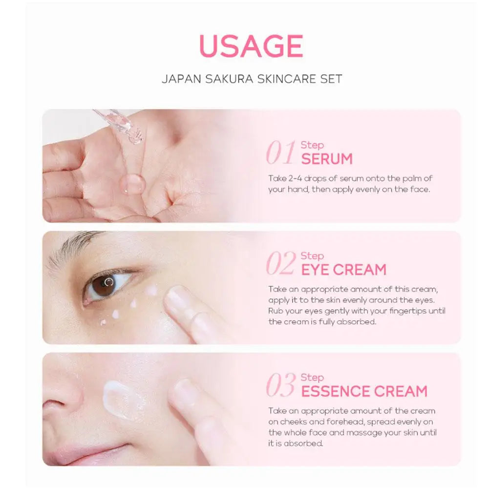 Kit de soins de la peau Sakura pour femmes, 3 pièces, crème pour le visage, essence pour le visage, sérum pour les yeux, coffret cadeau