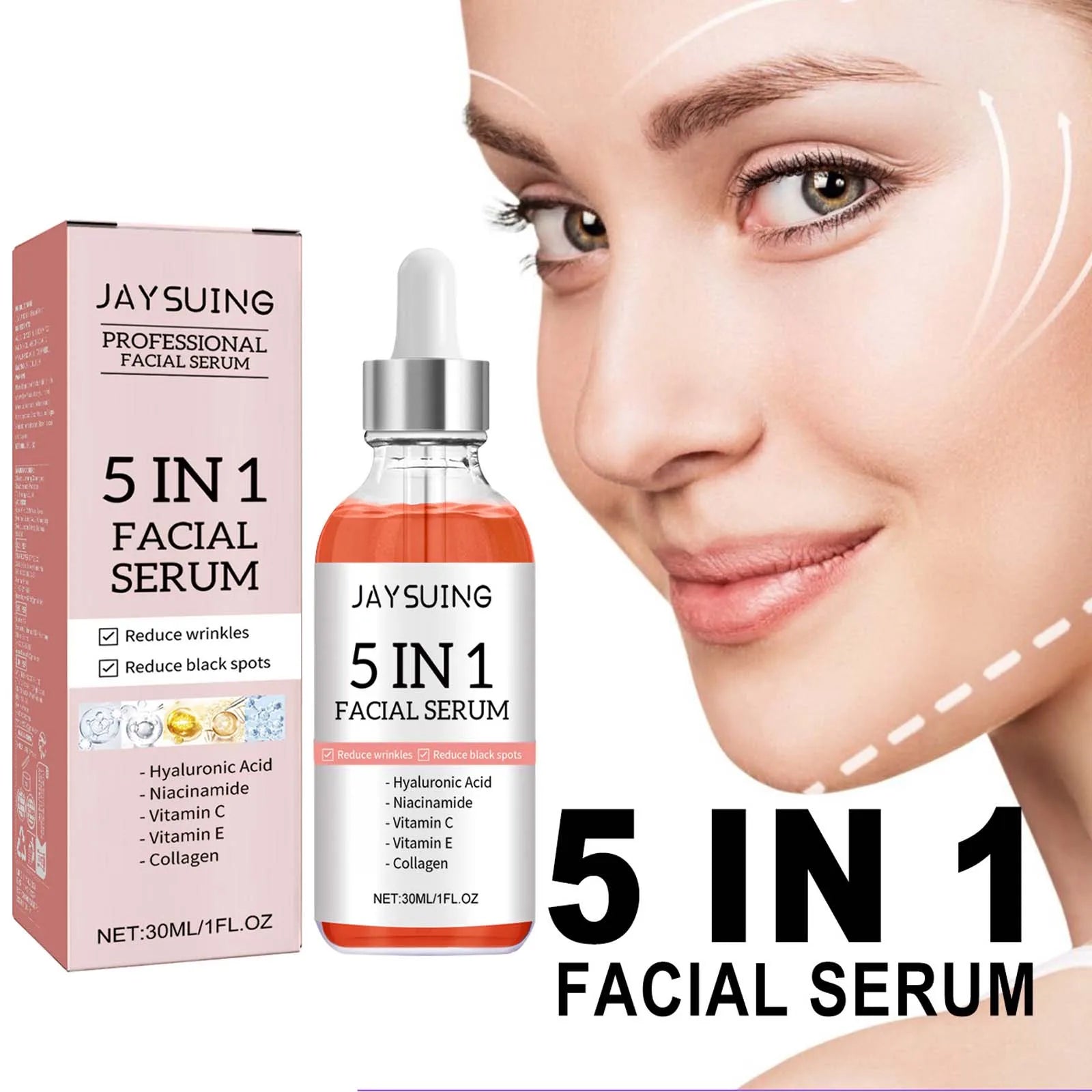Sérum visage 5 en 1 : Atténue les ridules, raffermit la peau, resserre les pores, hydrate, illumine, enrichi en vitamine C et en acide hyaluronique.