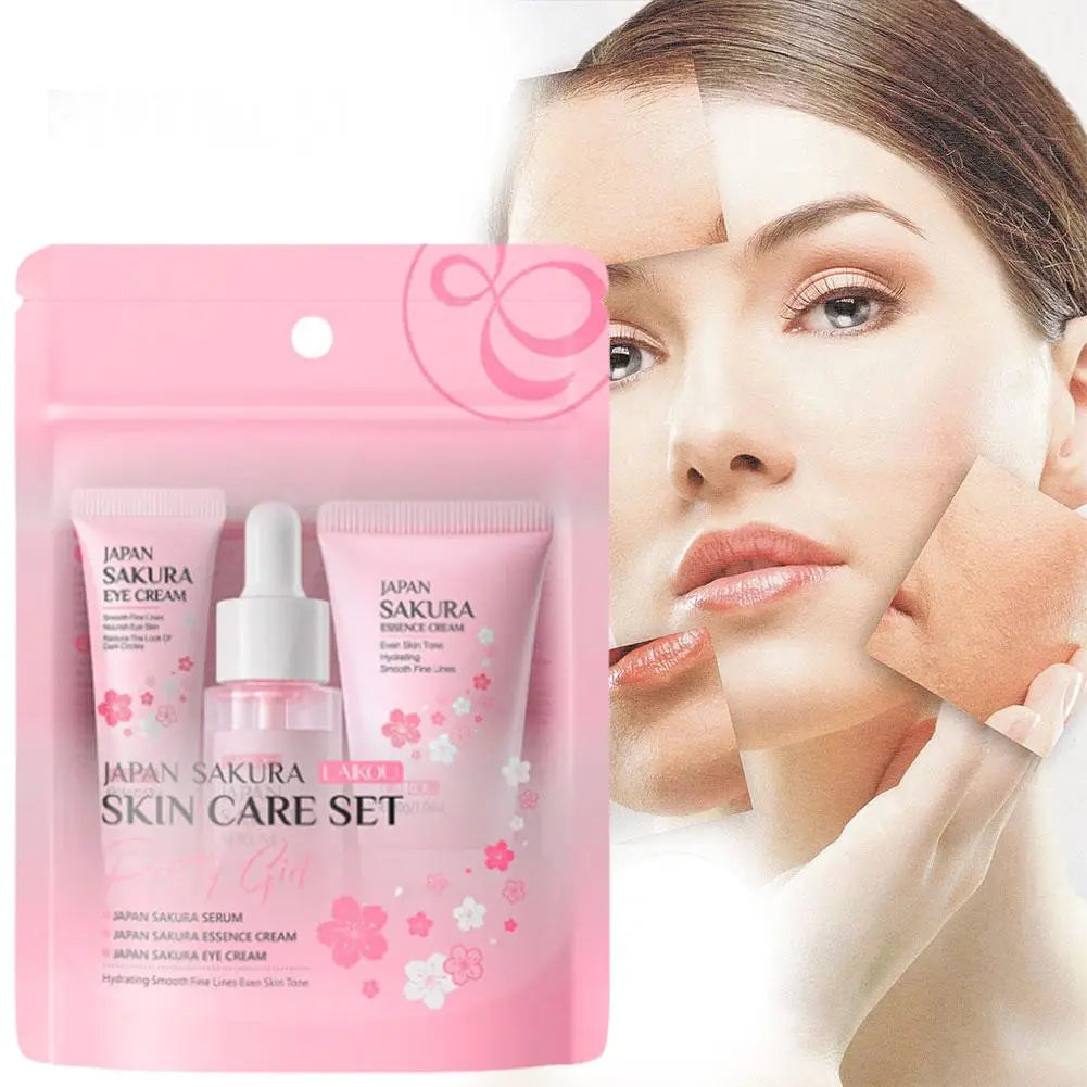 Kit de soins de la peau Sakura pour femmes, 3 pièces, crème pour le visage, essence pour le visage, sérum pour les yeux, coffret cadeau