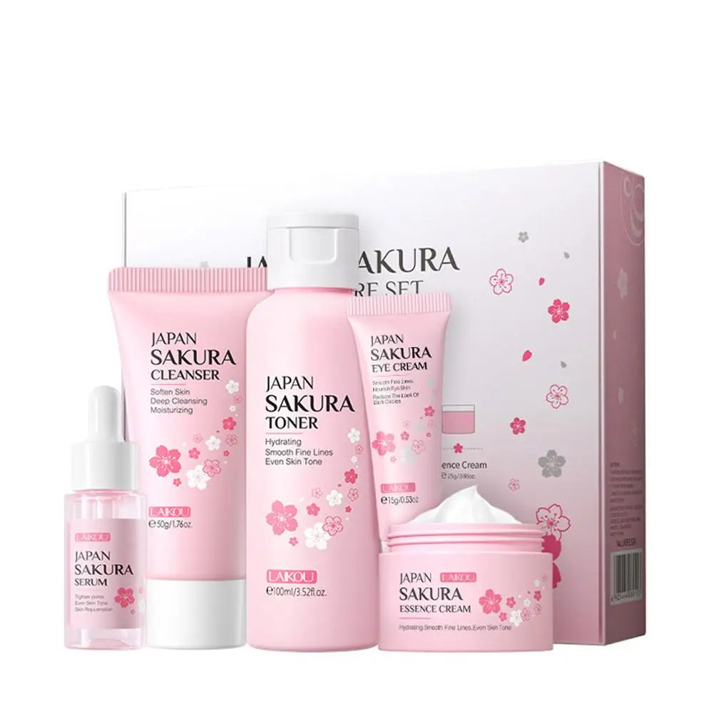 Coffrets de soins de la peau Sakura avec nettoyant, sérum, crème pour les yeux, crème pour le visage, produits de beauté solaires pour femmes, kit de soins de la peau de voyage