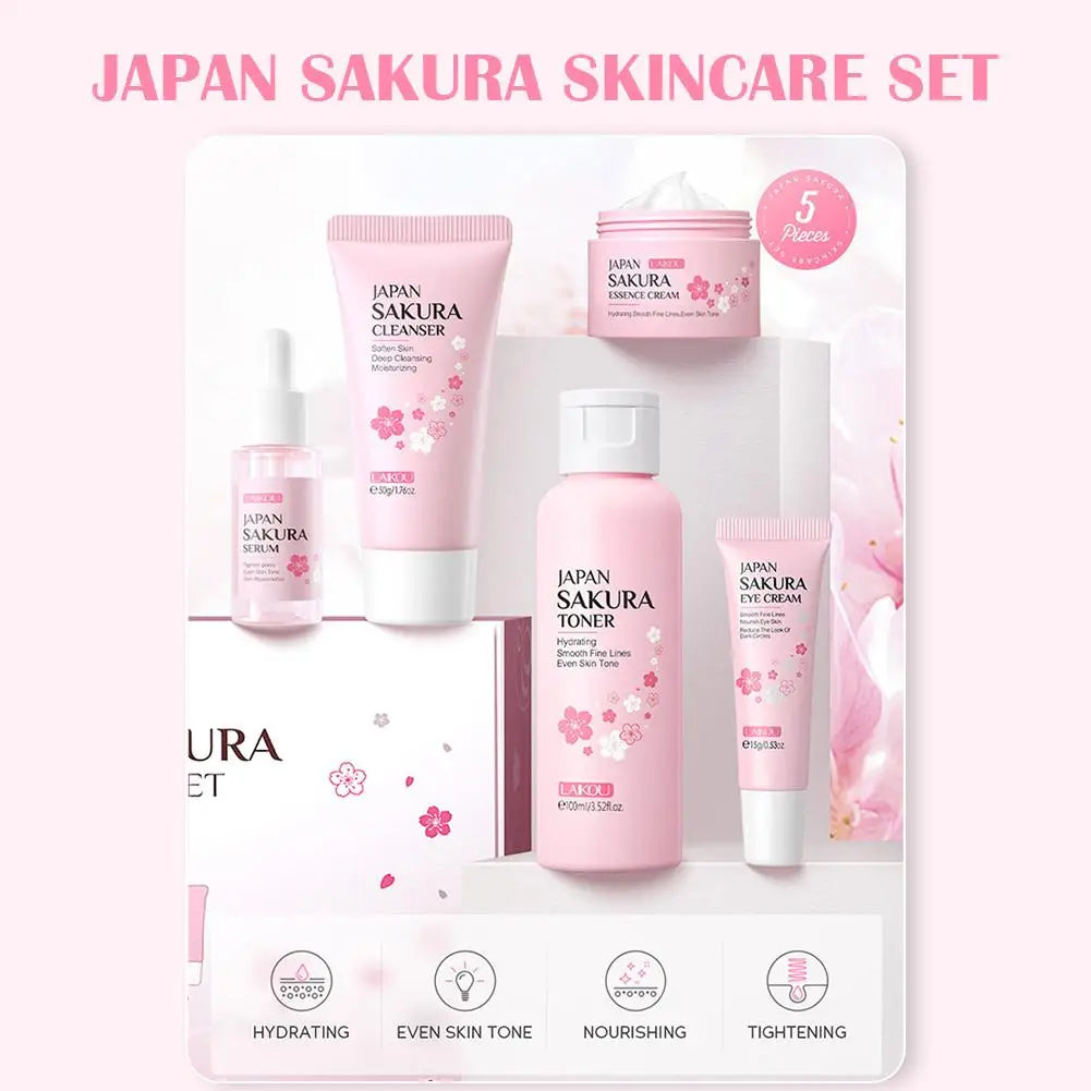 Coffrets de soins de la peau Sakura avec nettoyant, sérum, crème pour les yeux, crème pour le visage, produits de beauté solaires pour femmes, kit de soins de la peau de voyage