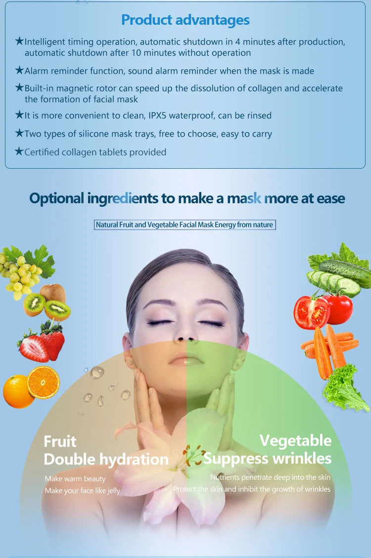Machine à masques faciaux pour soins du visage DIY automatique à base de fruits et légumes naturels et de collagène, pour usage domestique, salon de beauté, spa