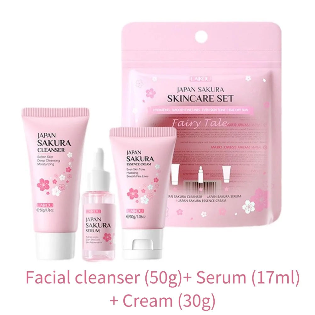 Coffrets de soins de la peau Sakura avec nettoyant, sérum, crème pour les yeux, crème pour le visage, produits de beauté solaires pour femmes, kit de soins de la peau de voyage