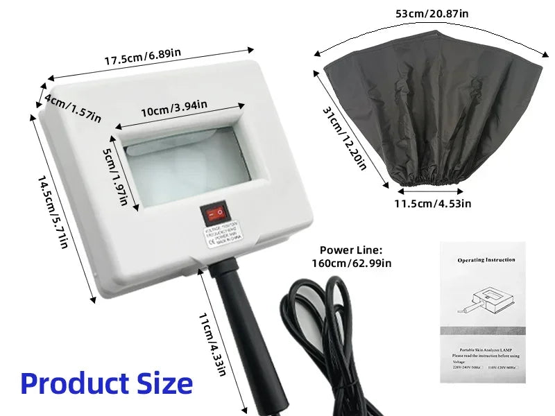 Lampe frontale portable en bois pour analyseur de peau à usage personnel à domicile : analyse des rides, de l’acné et de la pigmentation, et évaluation de l’hydratation cutanée.